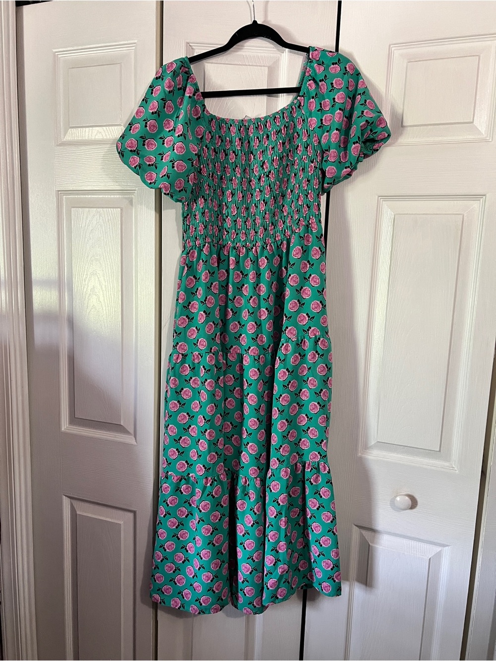 Green Floral Smocked Maxi Dress with Puff Sleeves